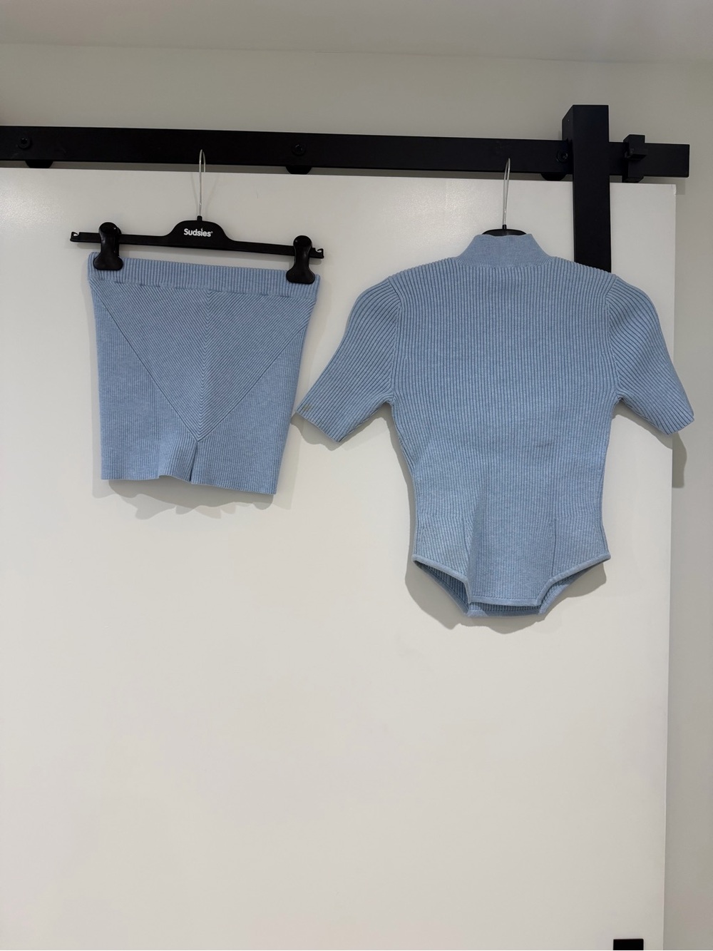 Fleur du Mal Light Blue Ribbed Cutout Bodysuit with Matching Shorts - Picture 2 of 8